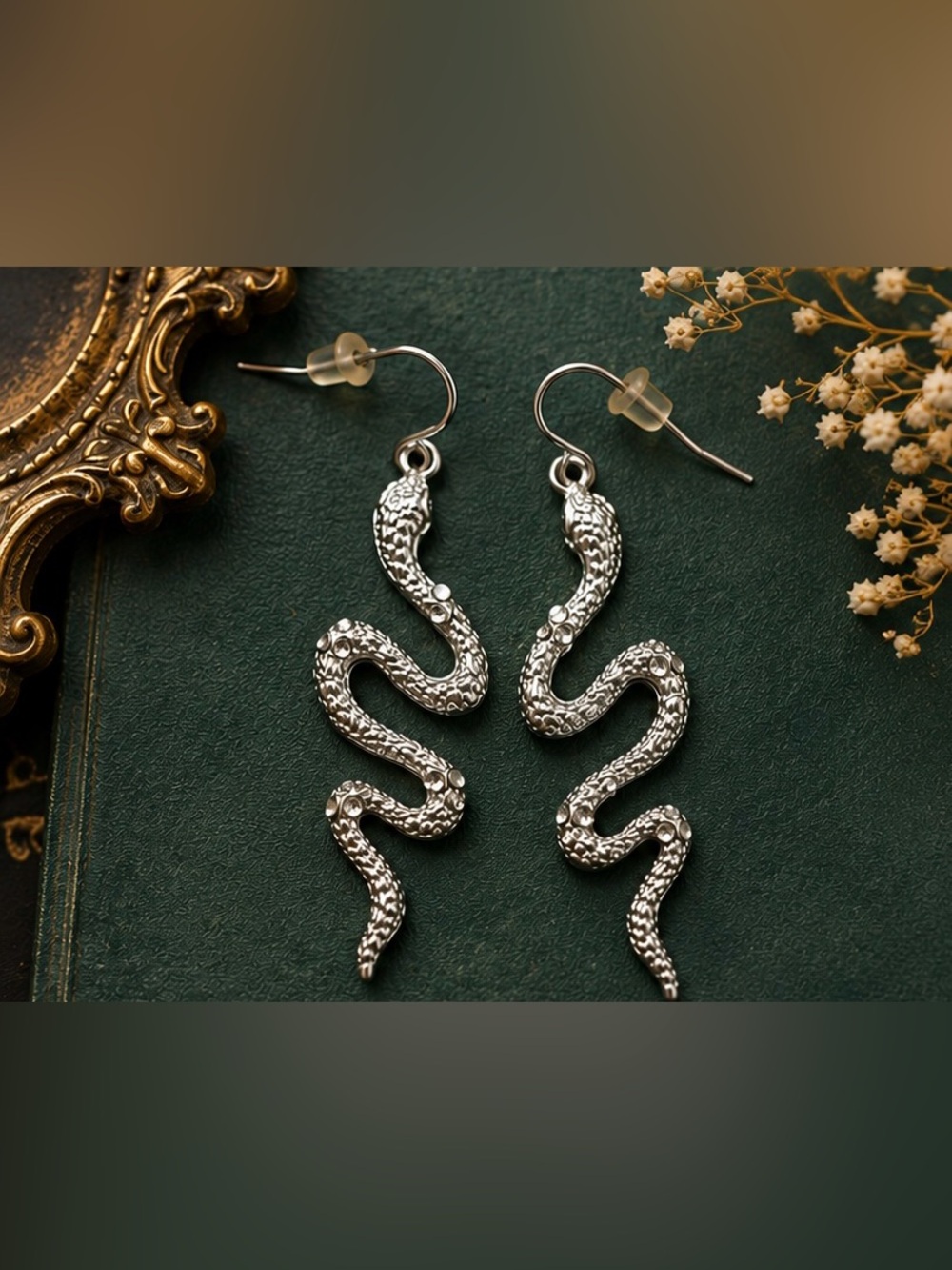 🐍 Silver Snake Rhinestone Dangle Earrings - Picture 3 of 5